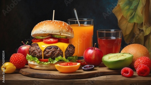 still life with fruits, juice and hamburger