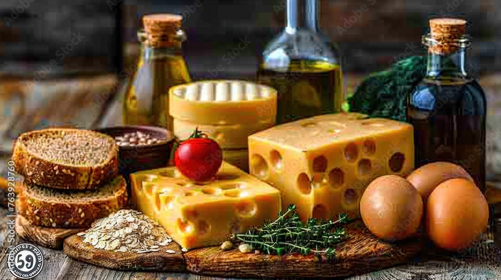A variety of cheeses like cheddar, brie, and gouda alongside different types of bread are arranged on a wooden cutting board, creating a tempting spread for a meal or snack
