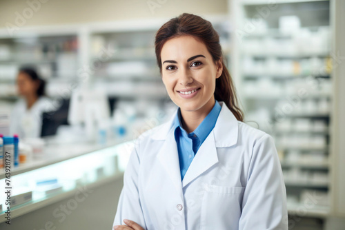 Female pharmacist standing behind a counter in a pharmacy, wearing a white lab coat.