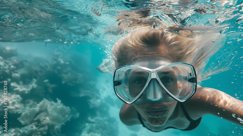 a woman swims in a clear blue ocean.