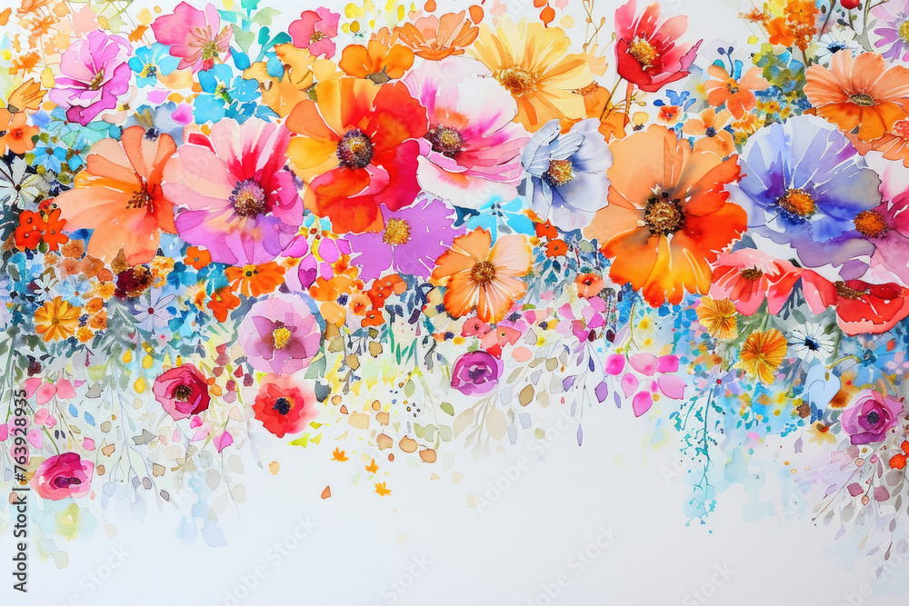 A painting featuring colorful flowers with intricate petals and vibrant hues set against a clean white background