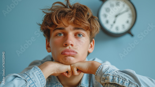 Portrait of handsome young bored man in jeans shirt on blue background. © D-Stock Photo