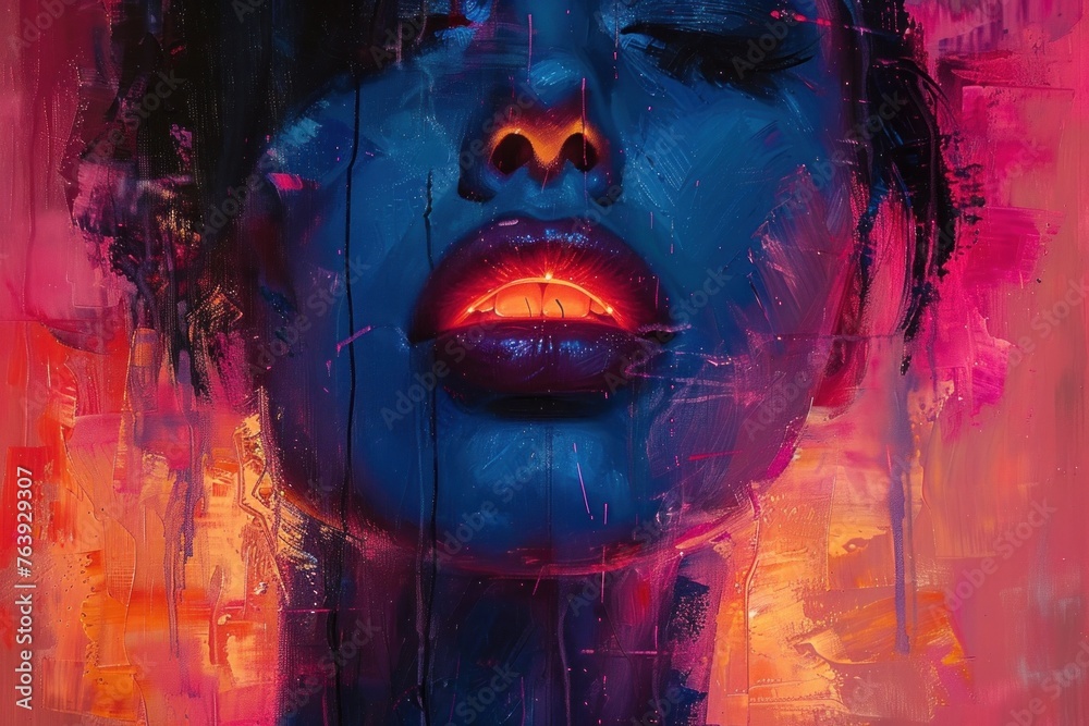 Fototapeta premium A painting depicting a womans face with a vivid red light emanating from it. The womans features are detailed and realistic, with the red light adding a dramatic and mysterious element to the portrait