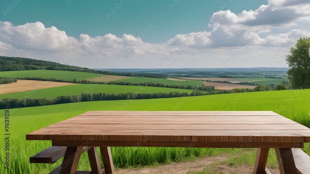 a wooden table against the background of a summer forest. a platform for product, advertising, and presentation a wooden table against the background of a summer forest. a platform for product, advertising, and presentation