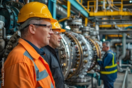 Male engineers conducting inspection at industrial site with machinery and workers in background. Concept Industrial Inspections, Engineering, Machinery, Workers, Industrial Site