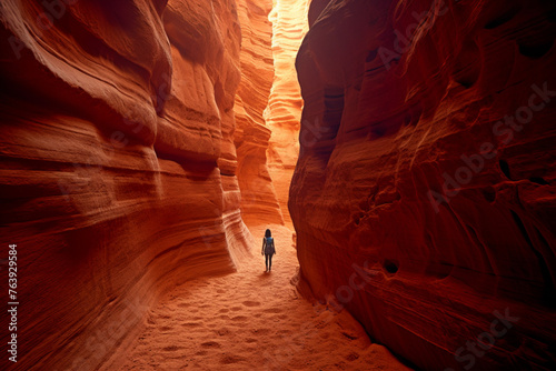 female hiker walking through red cave