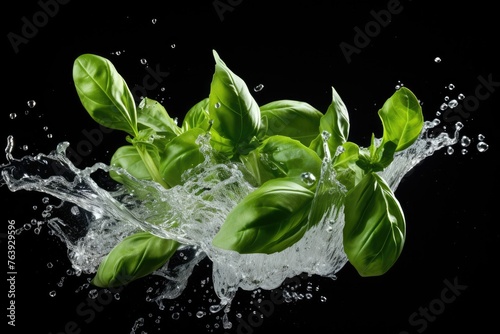 Basil , Throw it into the water and spread it out , vegetable , black background.