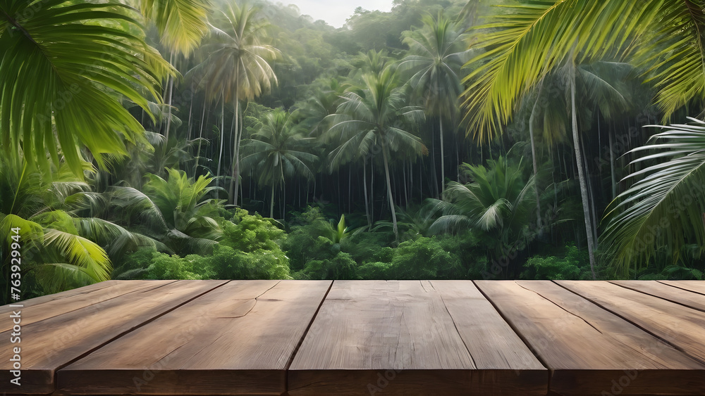 a wooden table on the background of a tropical forest. a platform for product, advertising, and presentation a wooden table on the background of a tropical forest. a platform for product, advertising, and presentation