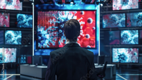 A focused observer monitors a virus outbreak scenario on multiple displays in a state-of-the-art control room