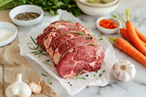 a fresh whole cut beef on parchment surrounded by garlic and carrots in small bowls on a white table in a modern house during sunshine in the morning