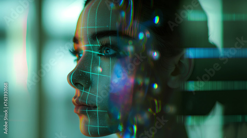 Futuristic hologram facial recognition facial scanning of woman face