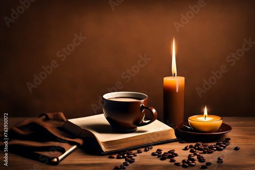 Coffee and book with candle standing on table with brown background 