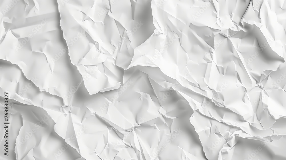 Fototapeta premium A sheet of white paper with crumpled edges. A photograph of white paper with crumpled edges and creases, showcasing the texture and details on sheet. Generated by artificial intelligence.