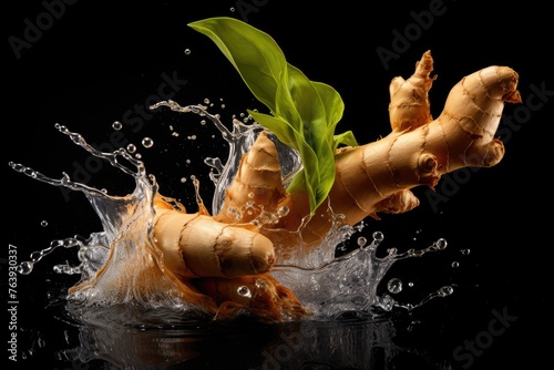 Ginger , Throw it into the water and spread it out , vegetable , black background.