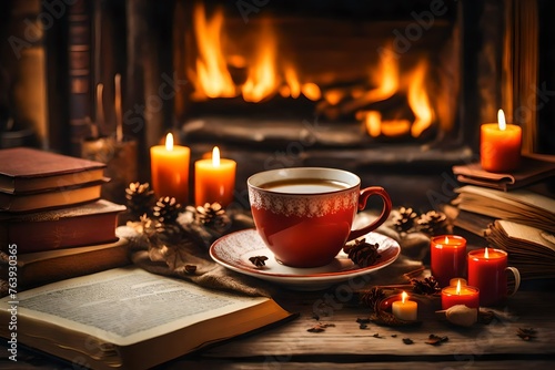 Hot tea or coffee in mug, book and candles on vintage wood table. Fireplace as background 