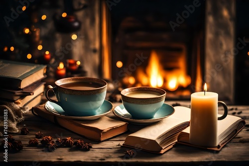 Hot tea or coffee in mug  book and candles on vintage wood table. Fireplace as background 
