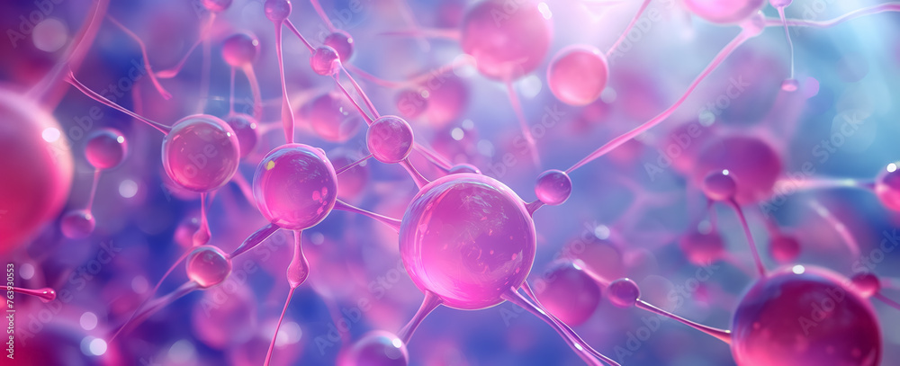 3D illustration of molecules in pink and blue hues. 3D illustration of molecules in pink and blue hues.