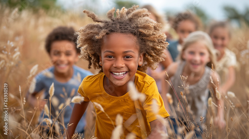 Portrait of smiling african american little boy with dreadlocks in field