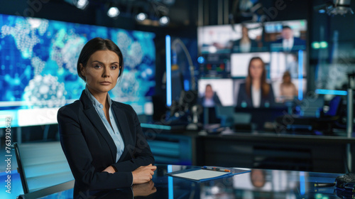 A professional female news anchor stands with crossed arms in a broadcast control room, looking serious and focused
