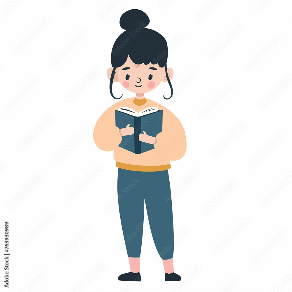 illustration of student reading book, scholar girl teenager studying educational materials, isolated flat vector modern illustration of child, full of curiosity and motivation