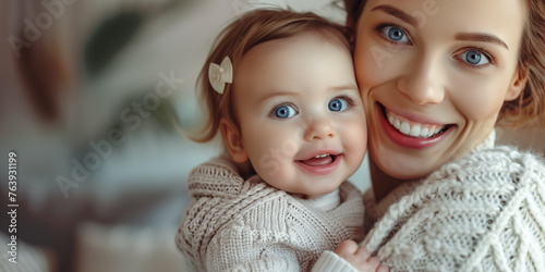 Loving mother hugging daughter. Banner with copyspace. photo