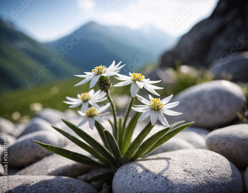 Edelweiss. A glade in the mountains. White flower