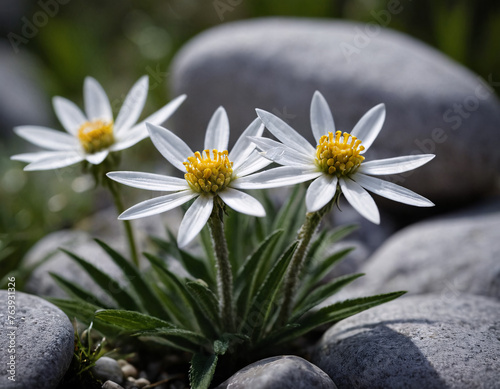 Edelweiss. A glade in the mountains. White flower