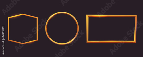 Golden frame game medieval menu, user interface shiny border. Empty borders in medieval style, fantasy decoration different shapes isolated on dark background. 