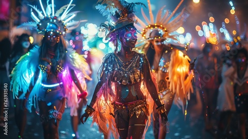 Futuristic Rio carnival with holographic floats and costumes that change with the wearers mood --ar 16:9 photo