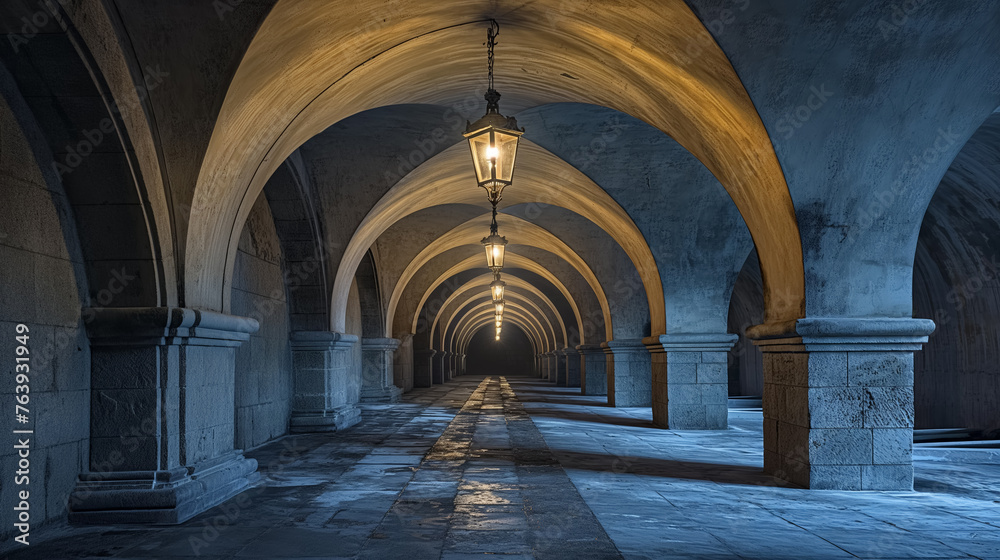 Mysterious arched hallway with glowing lamps.