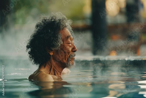 An old gray-haired Asian man bathes in a hot thermal spring. Rest. Winter snow. relax