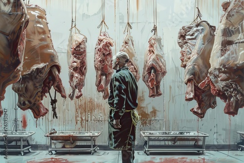 many large pieces of fresh and old meat white and covered with red blood hanging from the ceiling with silver chains isolated in a modern market in smoke in the morning photo