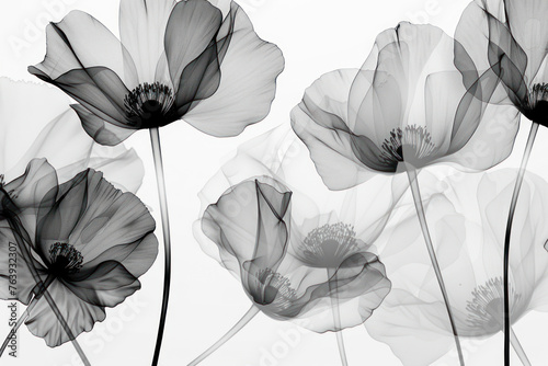 Black and white luxury watercolor art background with transparent x-ray flowers. © Hunman