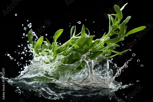Tarragon , Throw it into the water and spread it out , vegetable , black background.