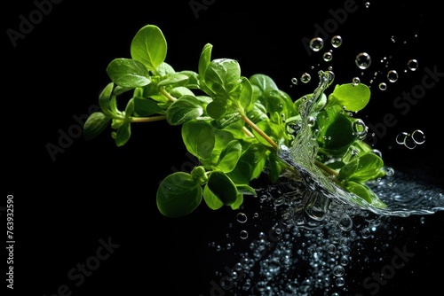 Marjoram , Throw it into the water and spread it out , vegetable , black background.
