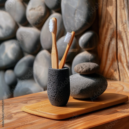 Bamboo toothbrushes in dark grey ceramic holder against stone wall. Concept of sustainable hygiene products, eco-living promotions, wellness blogs, home decor, green lifestyle magazines