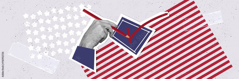 Obraz premium Composite panoramic collage of hand hold pencil write check mark election democracy choice usa stars stripes isolated on painted background