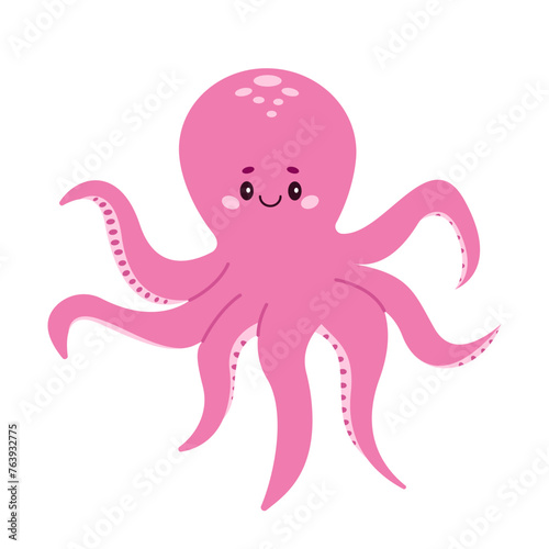 Cute pink octopus. Marine animals, ocean fish. Vector illustration