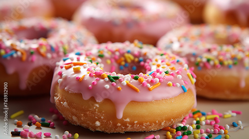 Close up of vanilla cake donuts with pink icing and sprinkles. Generative AI
