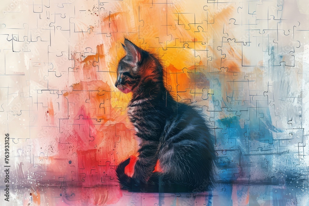 Puzzle game grid Ink Wash Playful Kitten Whimsical Rainbow Enigmatic Curiosity , - obrazy, fototapety, plakaty 