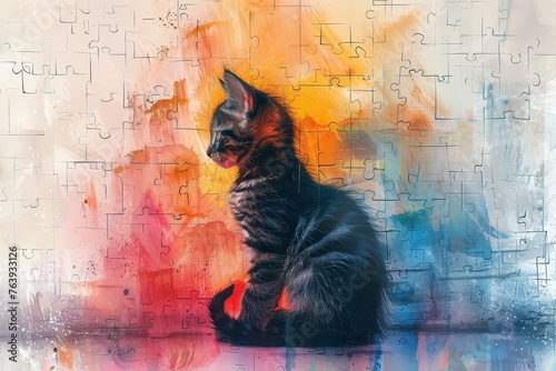 Puzzle game grid Ink Wash Playful Kitten Whimsical Rainbow Enigmatic Curiosity , photo