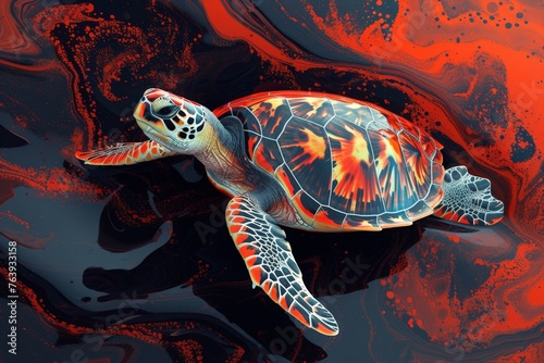 Vibrant Sea Turtle Artwork with Red and Black Splatters on Shell, Detailed Ocean Animal Painting for Wall Decor