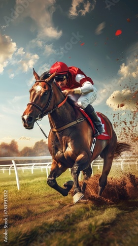 Intense horse race as a single jockey takes the lead against a backdrop of a vivid sky, speed