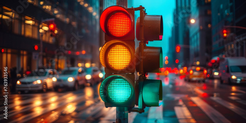 A traffic light with red, yellow and green lights in the city. Close-up of a traffic light on street.banner
 photo