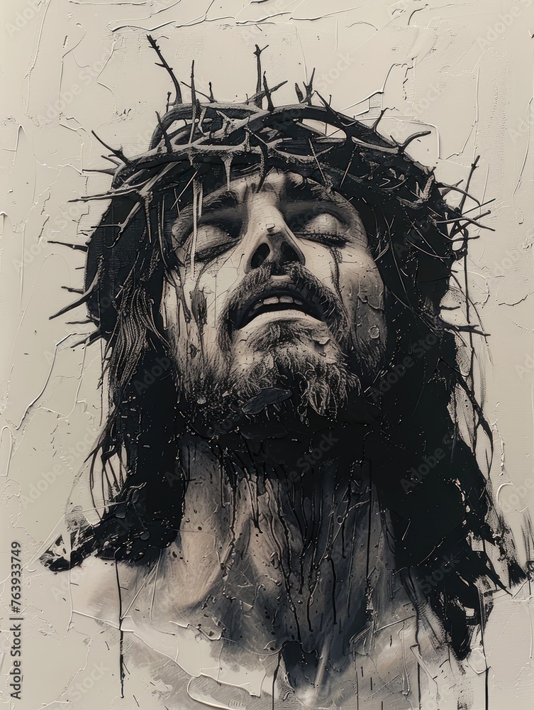 Black and white illustration of Jesus adorned with a thorn crown, featuring expressive brushstrokes and vibrant colors to evoke an impressionistic interpretation of his suffering Black and white illustration of Jesus adorned with a thorn crown, featuring expressive brushstrokes and vibrant colors to evoke an impressionistic interpretation of his suffering