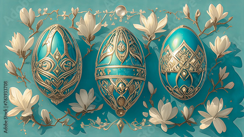 Turquoise Easter egg with floral ornament.