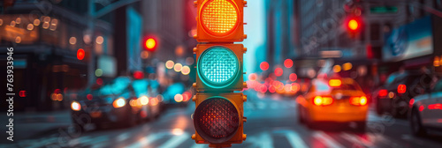 A traffic light with red, yellow and green lights in the city. Close-up of a traffic light on street.banner 