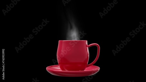 Coffee Cup with natural steam smoke animation seamless loop. Red ceramic coffee cup on black background and Green screen. 3d Render.