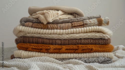 Cozy collection of stacked knitted sweaters in various patterns and autumn colors