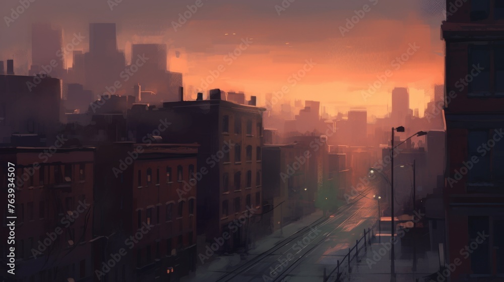 An artistic depiction of a hazy cityscape at dusk, with soft light reflecting off building windows and empty streets suggesting quiet urban solitude